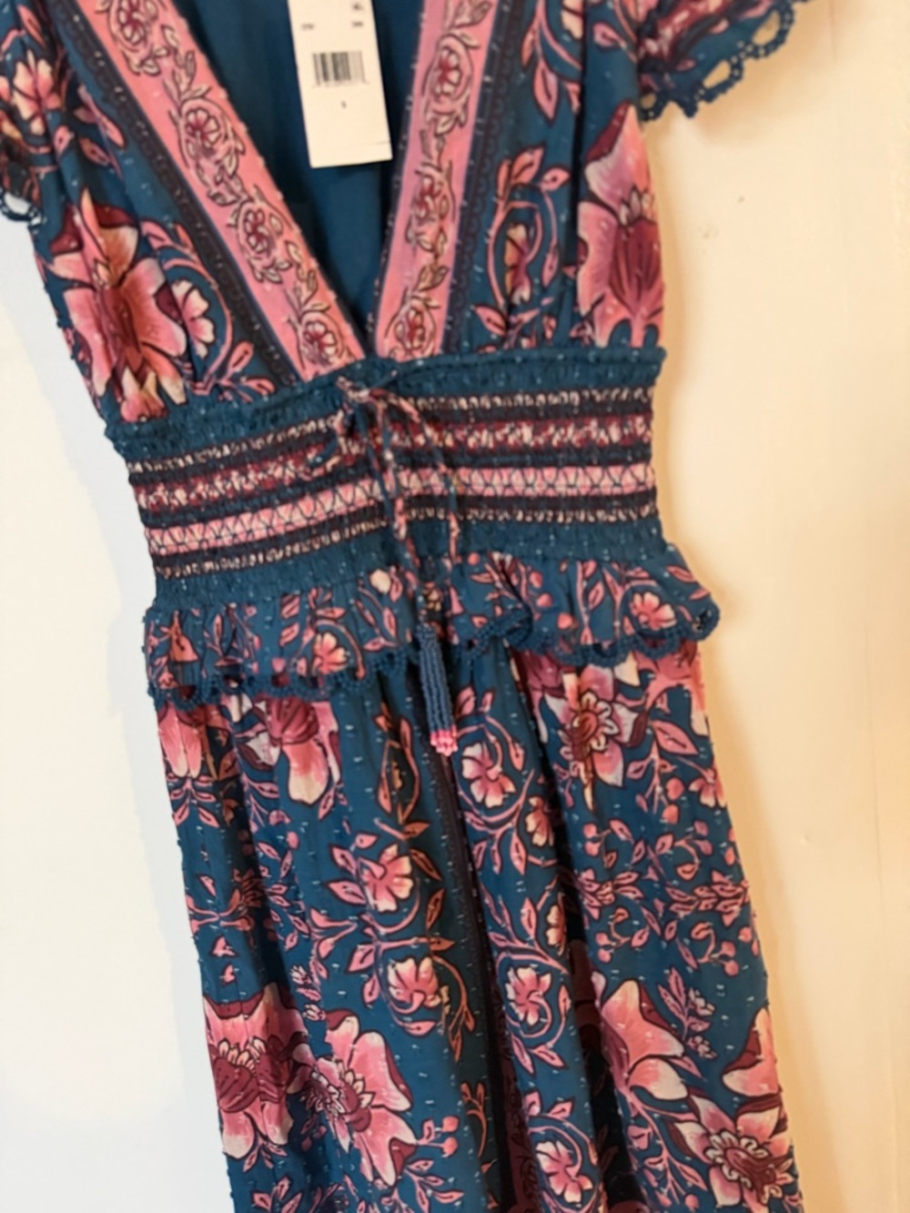 NWT FARM Rio Floral Scarf Print Midi Dress Smocked Tassel Tie Cottagecore XS - Picture 8 of 9
